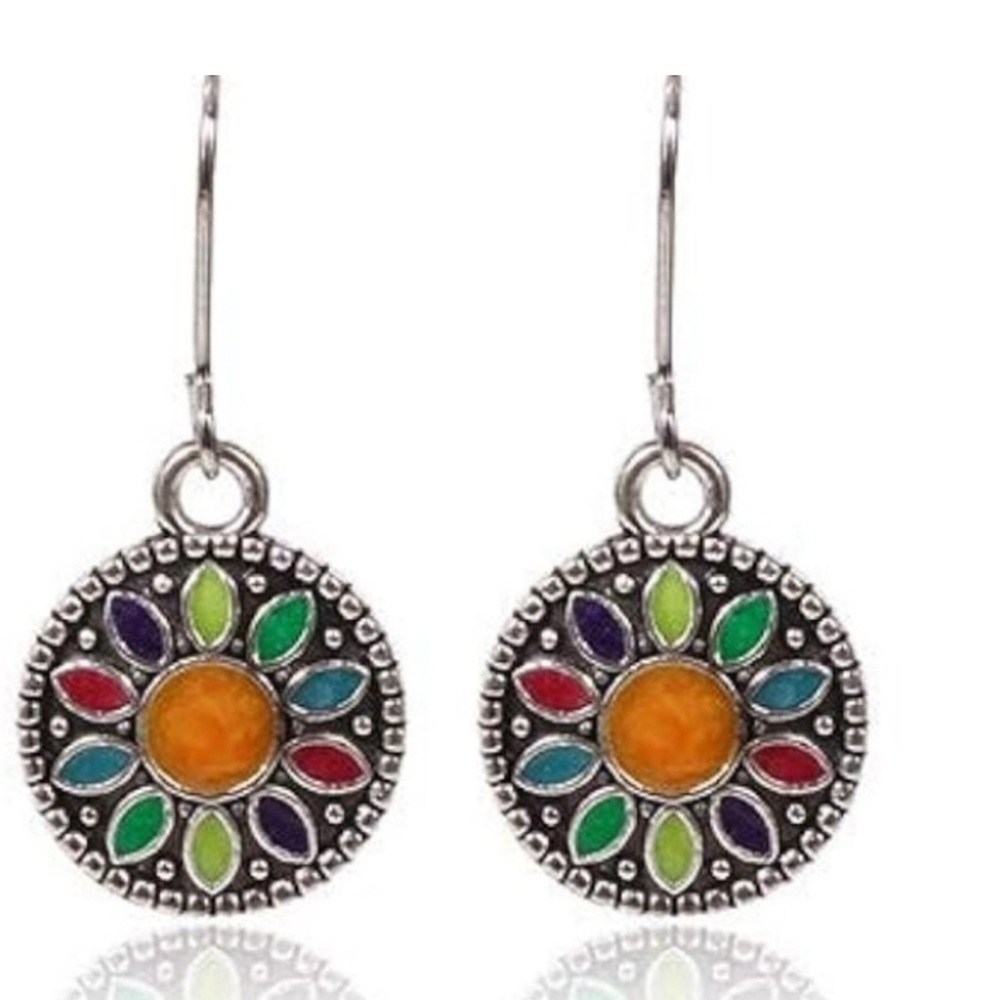Boho Multicolored Stone Round Drop Earrings + Aztec Earrings NWT